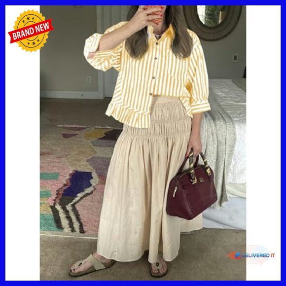 Cropped Striped Button Down Shirt Ruffle 3/4 Sleeve Blouse Summer Top - Picture 5 of 8